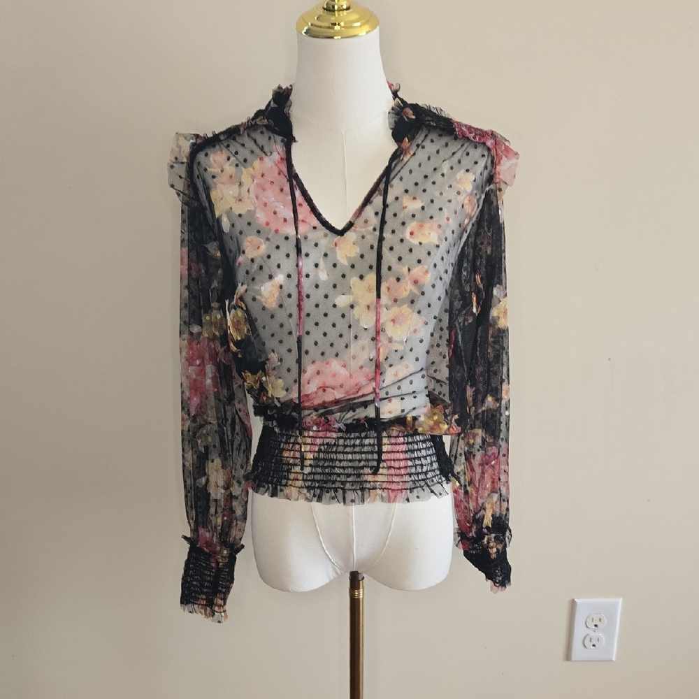Moa Moa Black Floral Sheer Blouse Peasant Whimsigoth Boho Romantic Medium